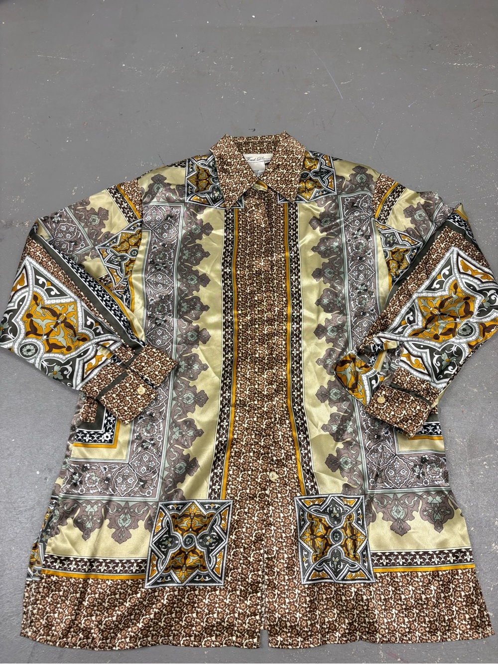 Fred David Silky Satin Print Vintage Tunic Blouse Womens 10 Gold Brown Baroque